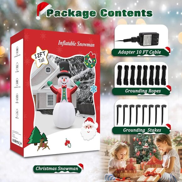 ⚡12FT Christmas Inflatable Snow Man Wear Magic Hat & Red Suit Outdoor Decoration - Picture 6 of 6